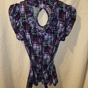 Iz Byer Purple, Black & Teal Abstract Tie-Waist Short-Sleeve Top